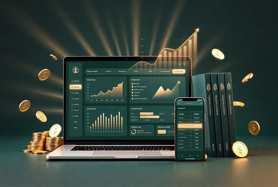 Notebook com o curso aberto, eBooks, planilhas e smartphone com gráficos financeiros em tons dourados e verdes